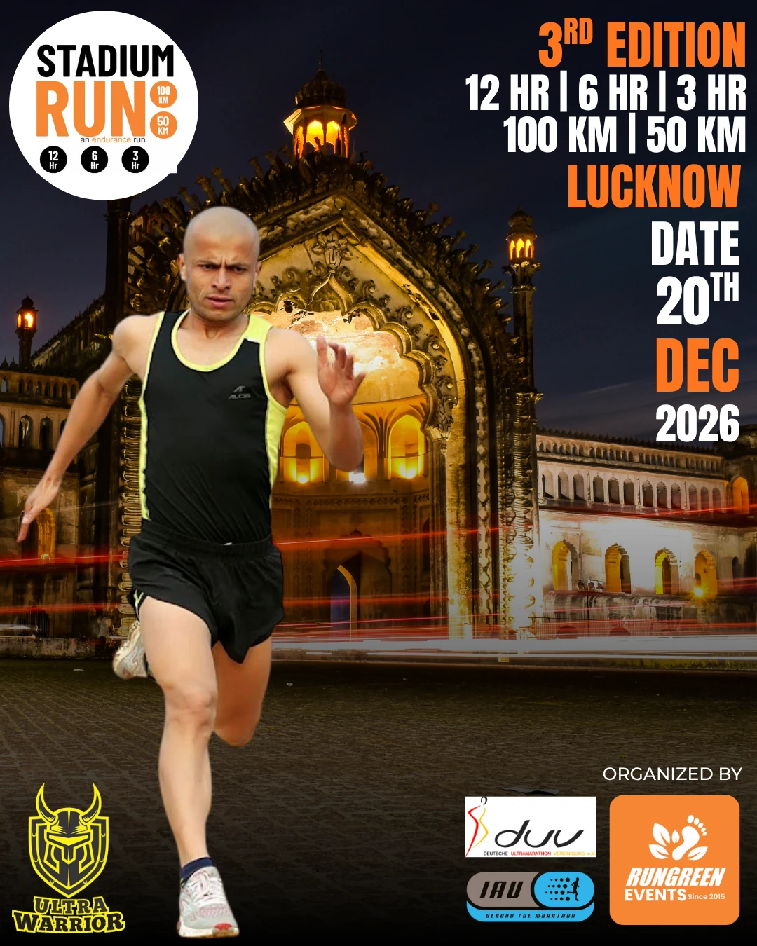 Stadium Run Lucknow 2026 poster showing endurance race categories at Guru Govind Singh Sports College