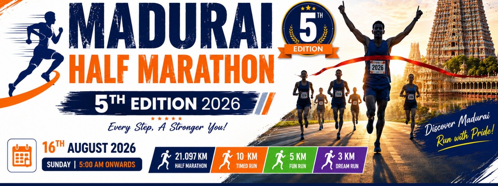 Madurai Half Marathon 5th Edition 2026 banner with race date, start time, and 21.097K, 10K, 5K, 3K categories