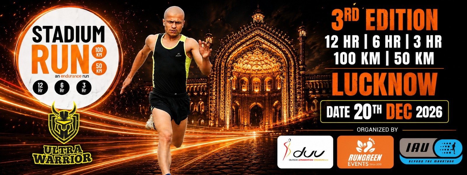 Stadium Run Lucknow 3rd edition 2026 banner showing registration open and track running categories